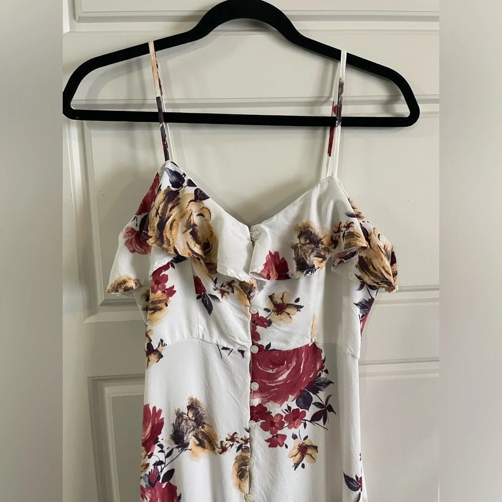 As U Wish Button Down White Floral Spagetti Strap Maxi Dress Split ThighSize S - Picture 3 of 13